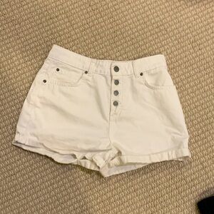 White Roxy shorts mid-upper thigh, modest